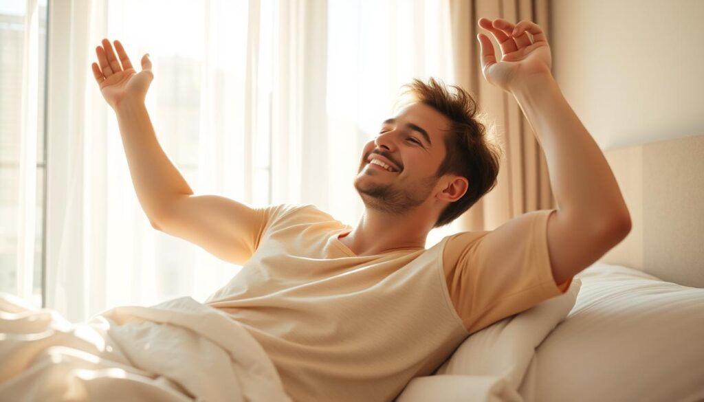 Ausgeruhte Person wacht morgens erfrischt auf