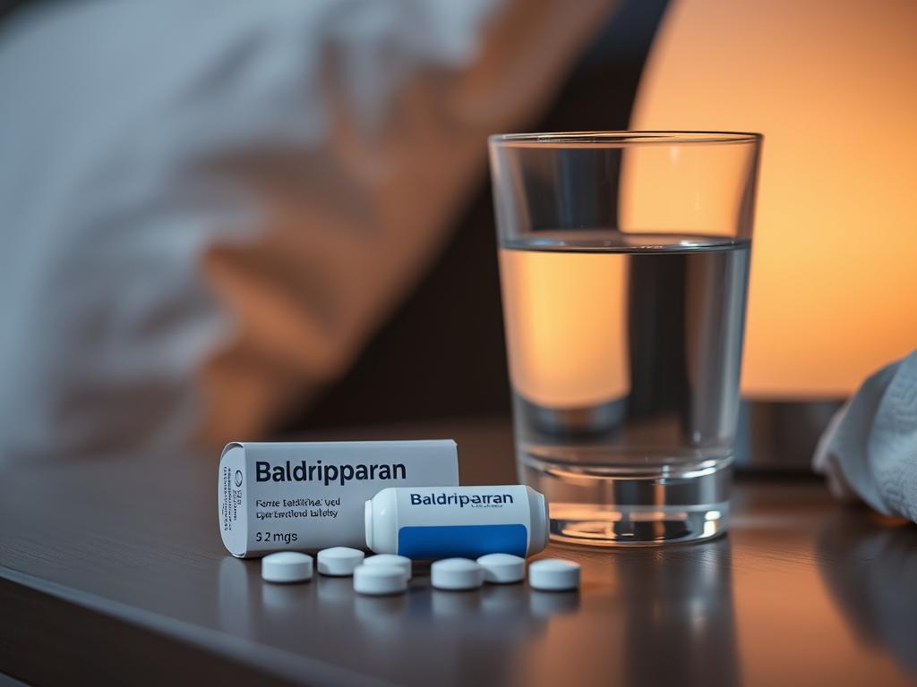Baldriparan Tablette mit Glas Wasser zur Einnahme