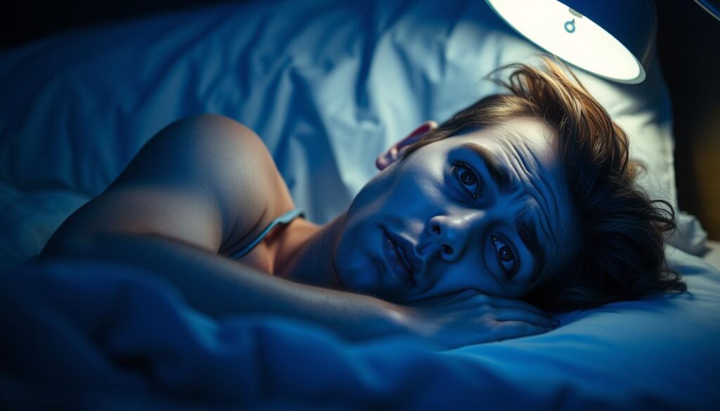 Person liegt wach im Bett mit Schlafstörungen